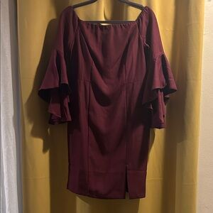 VENUS Plum Ruffled off the Shoulder 3/4 Sleeve Dress with small slit